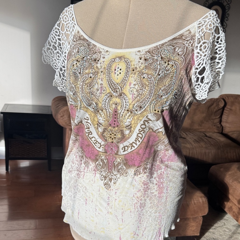 Harley-Davidson Women's Pink and Cream Lace Blouse
